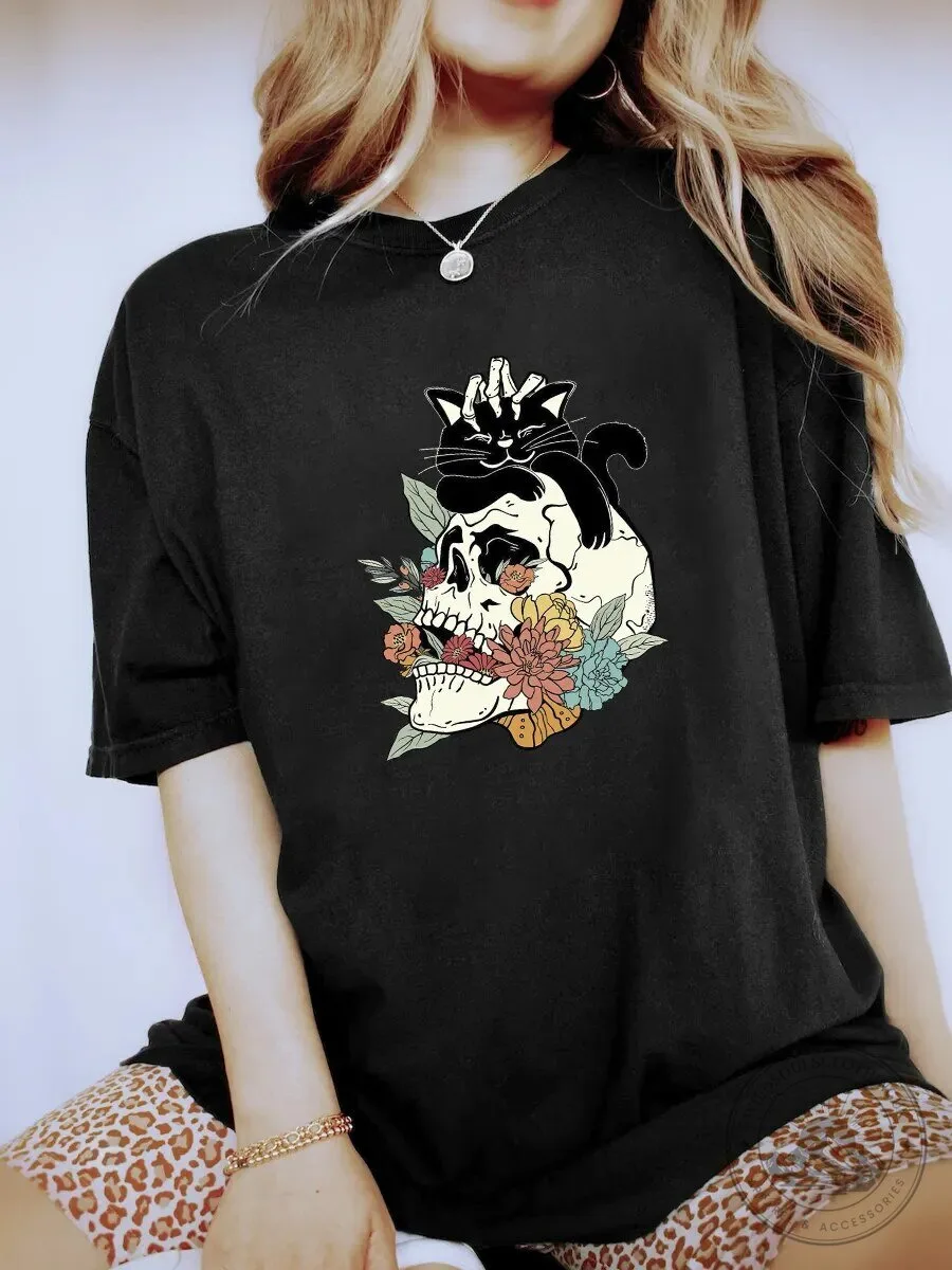 Floral Skull and Black Cat Relaxed Fit Graphic T-Shirt