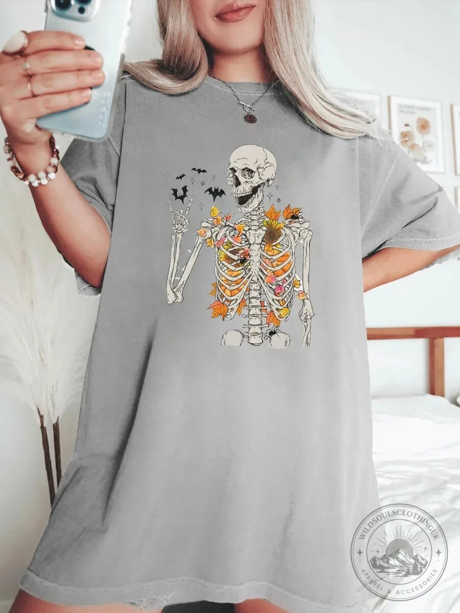 Autumn Skeleton Rock and Roll Hand Sign Bats and Leaves Graphic T-Shirt