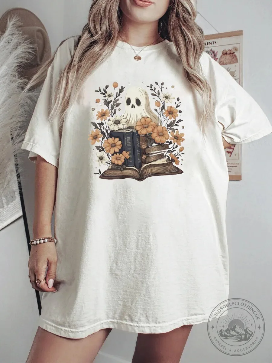Ghost Reading Books Halloween Fall Flowers Spooky Season T-Shirt 1 Ghost Reading Books Halloween Fall Flowers Spooky Season T-Shirt