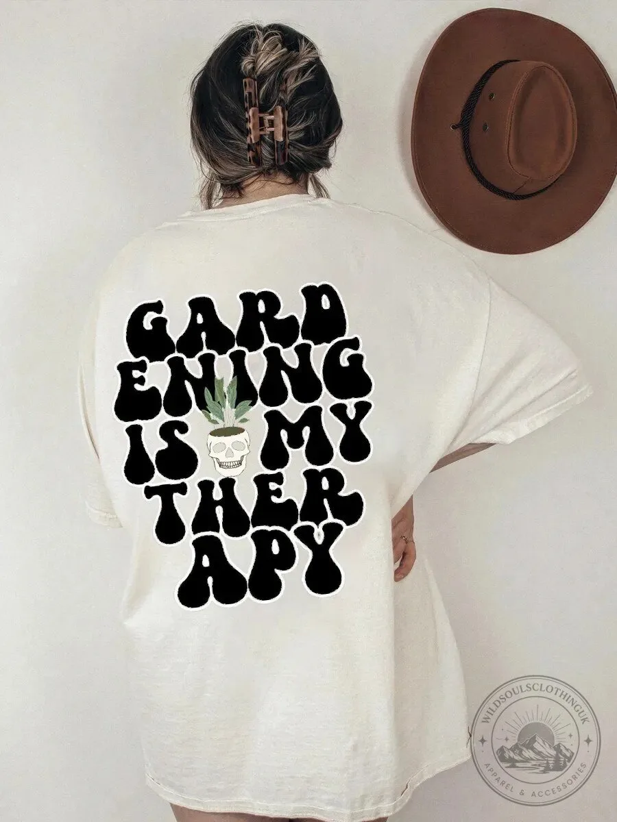 Gardening Is My Therapy Skull and Plant Graphic Oversized T-Shirt
