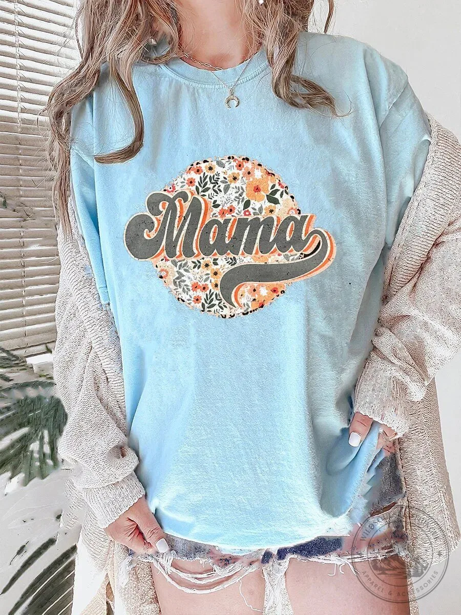 Mama Graphic Floral Print T-Shirt for Women, Retro Flower Mama Tee Shirt