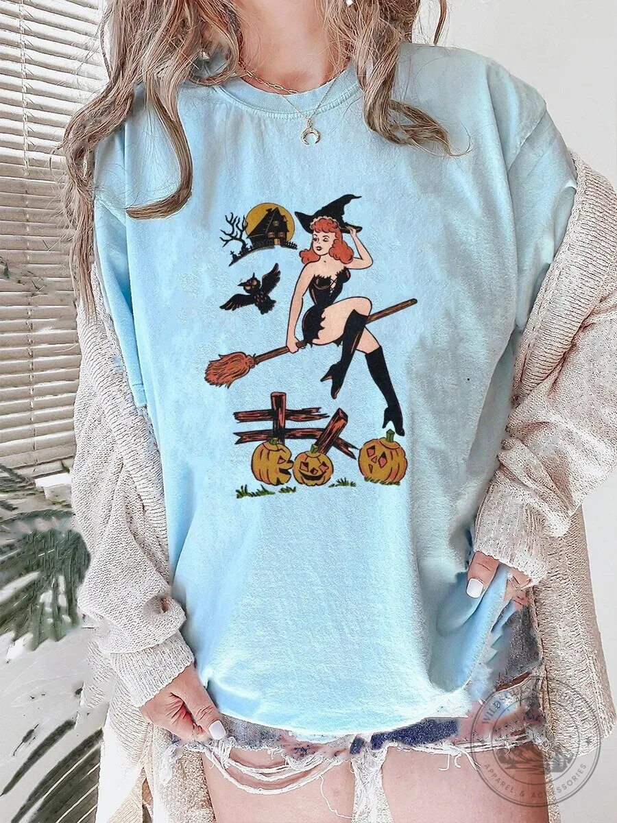 Halloween Pin-Up Witch Riding Broomstick with Pumpkins T-Shirt 1 Halloween Pin-Up Witch Riding Broomstick with Pumpkins T-Shirt