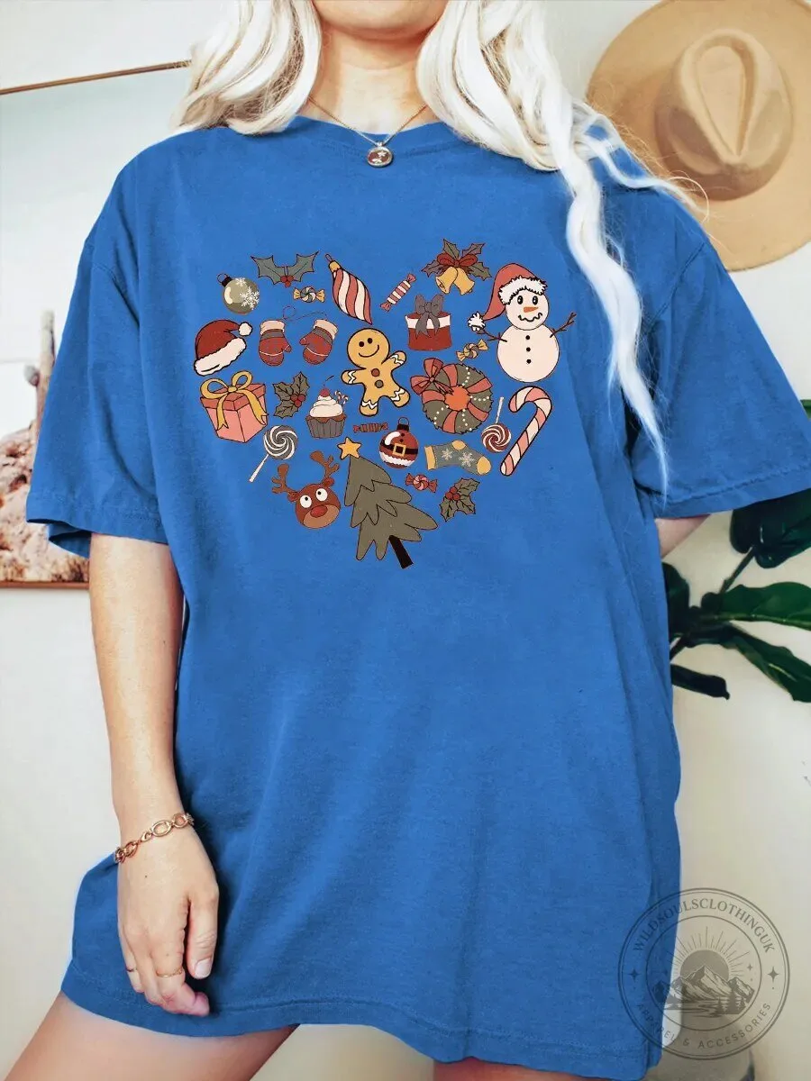 Christmas Heart Shaped Holiday Elements Cute Winter Season T-Shirt