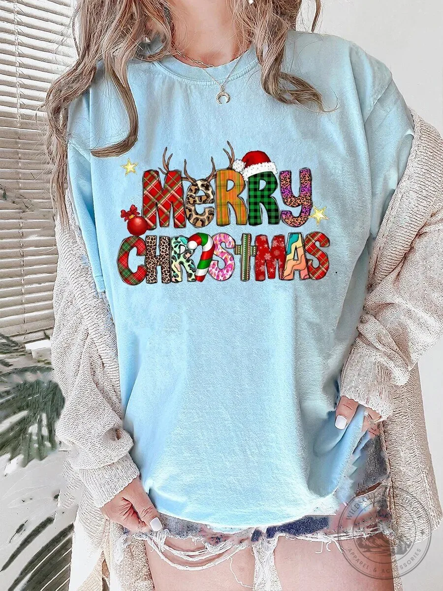 Merry Christmas Plaid Leopard Print Antlers Santa Hat T-Shirt