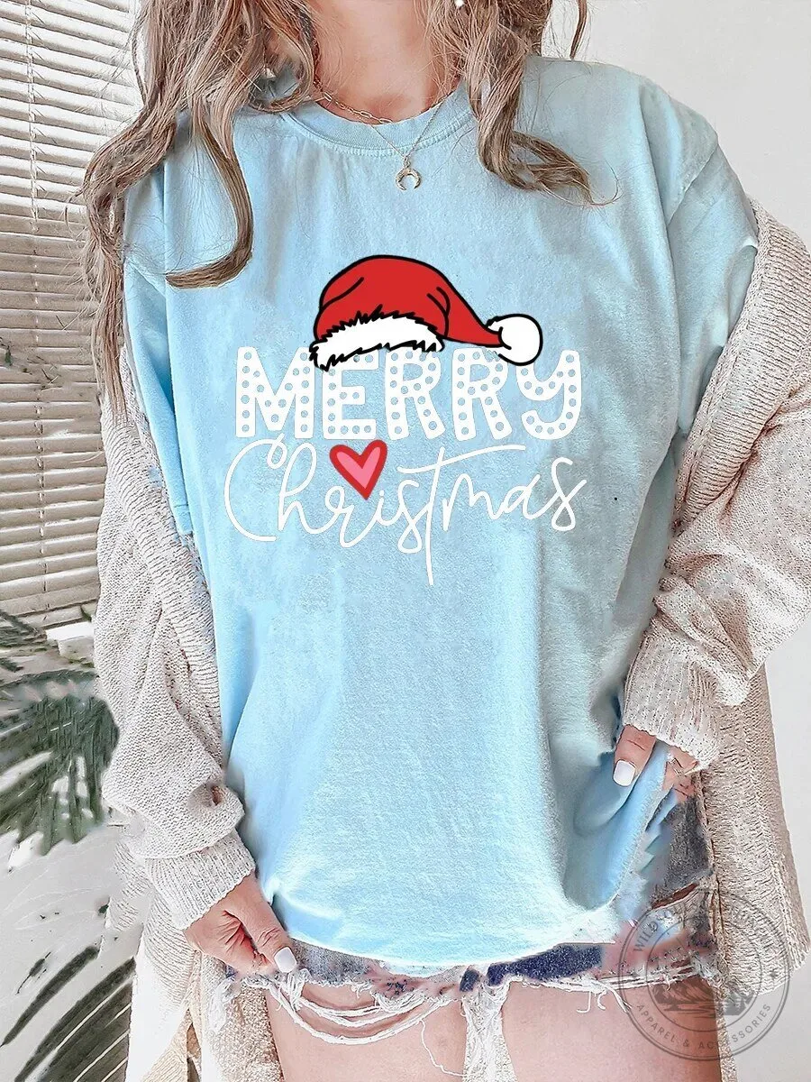 Merry Christmas Santa Hat Holiday Season Light Blue T-Shirt