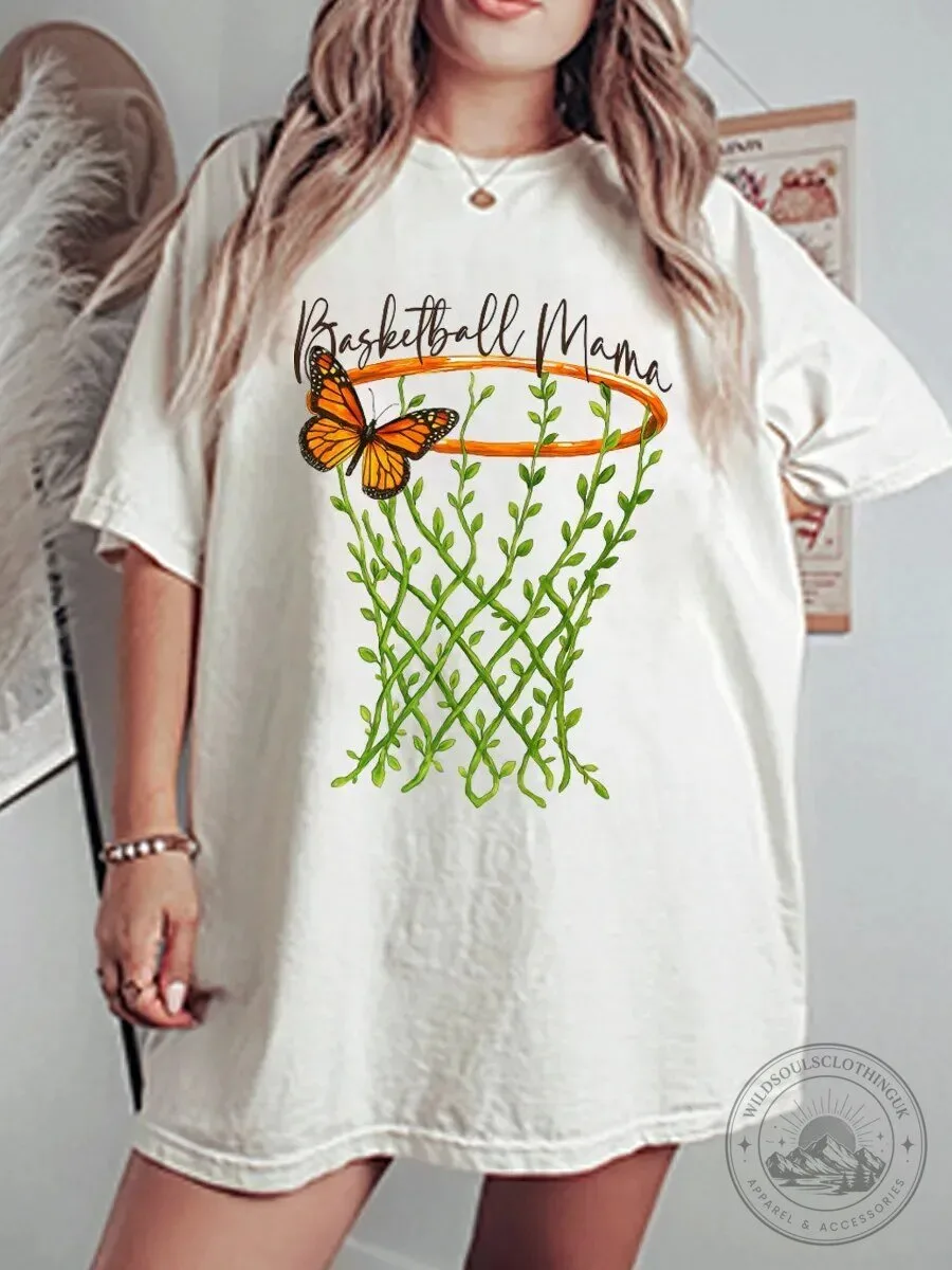 Basketball Mama Butterfly Vine Hoop Graphic Oversized T-Shirt