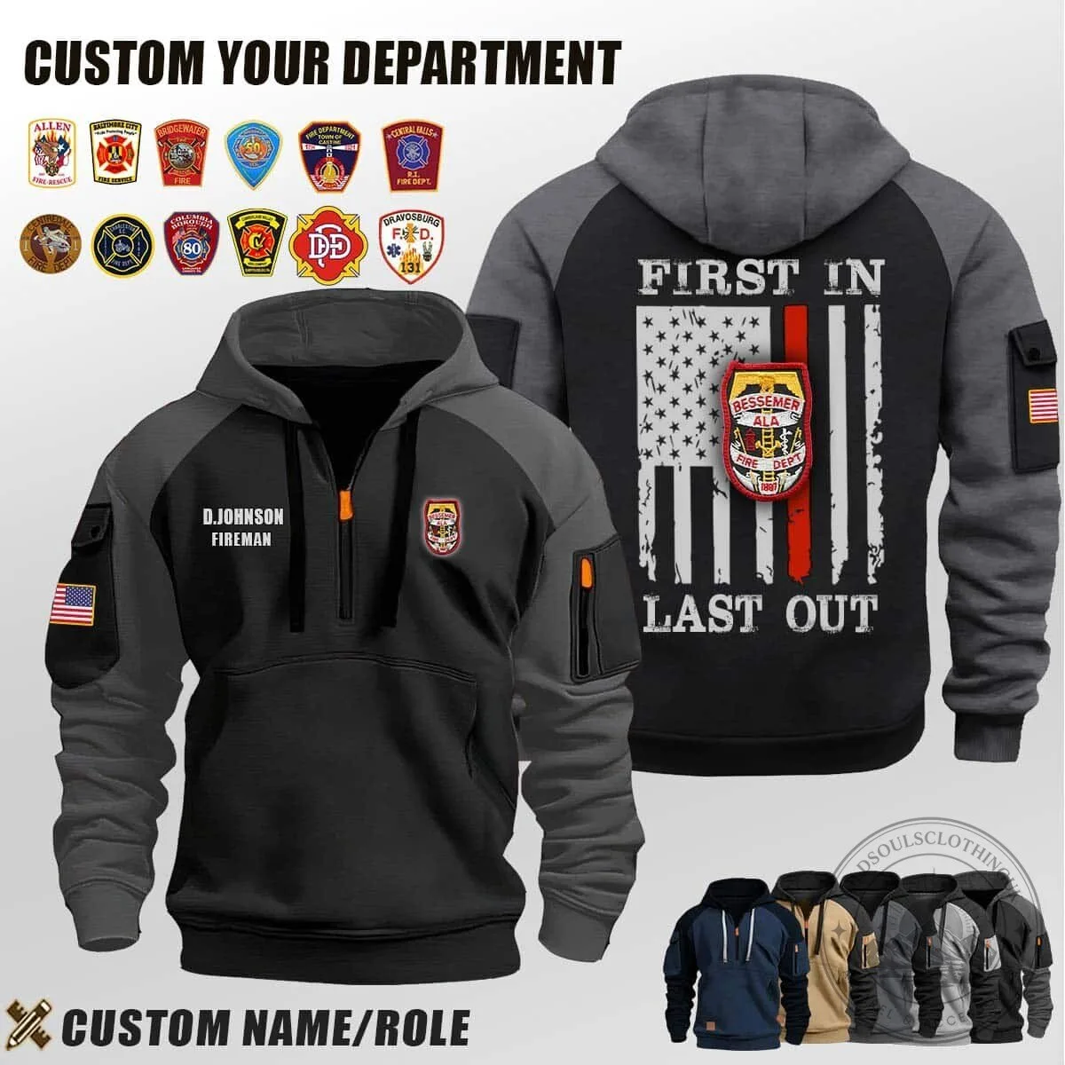 Bessemer Fire Department First In Last Out Firefighter Half-Zip Hoodie