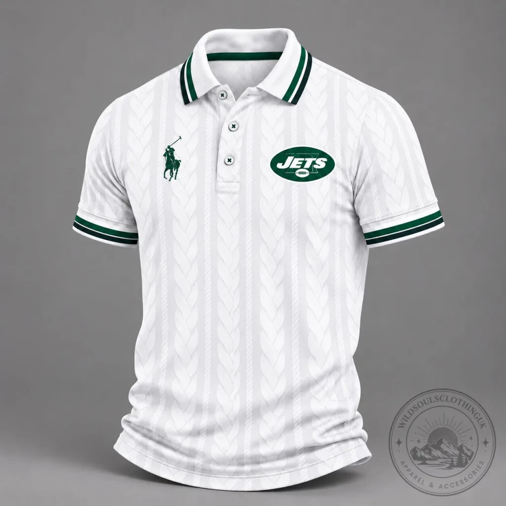 New York Jets NFL Football Team Logo White Cable Knit Polo Shirt New York Jets NFL Football Team Logo White Cable Knit Polo Shirt
