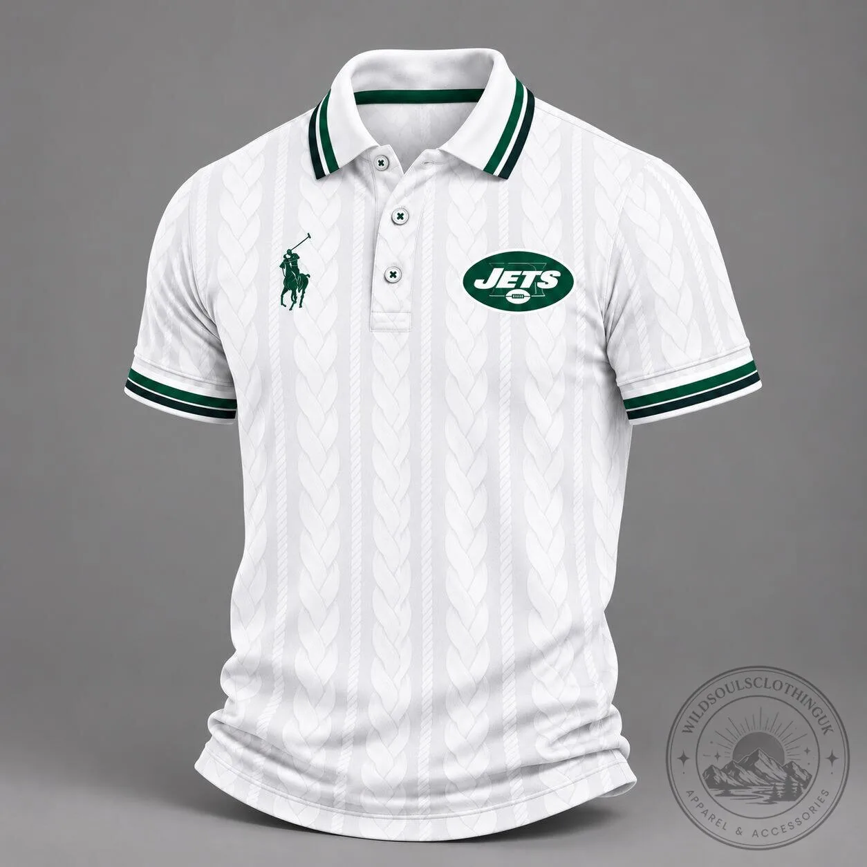 New York Jets NFL Football Team Logo White Cable Knit Polo Shirt