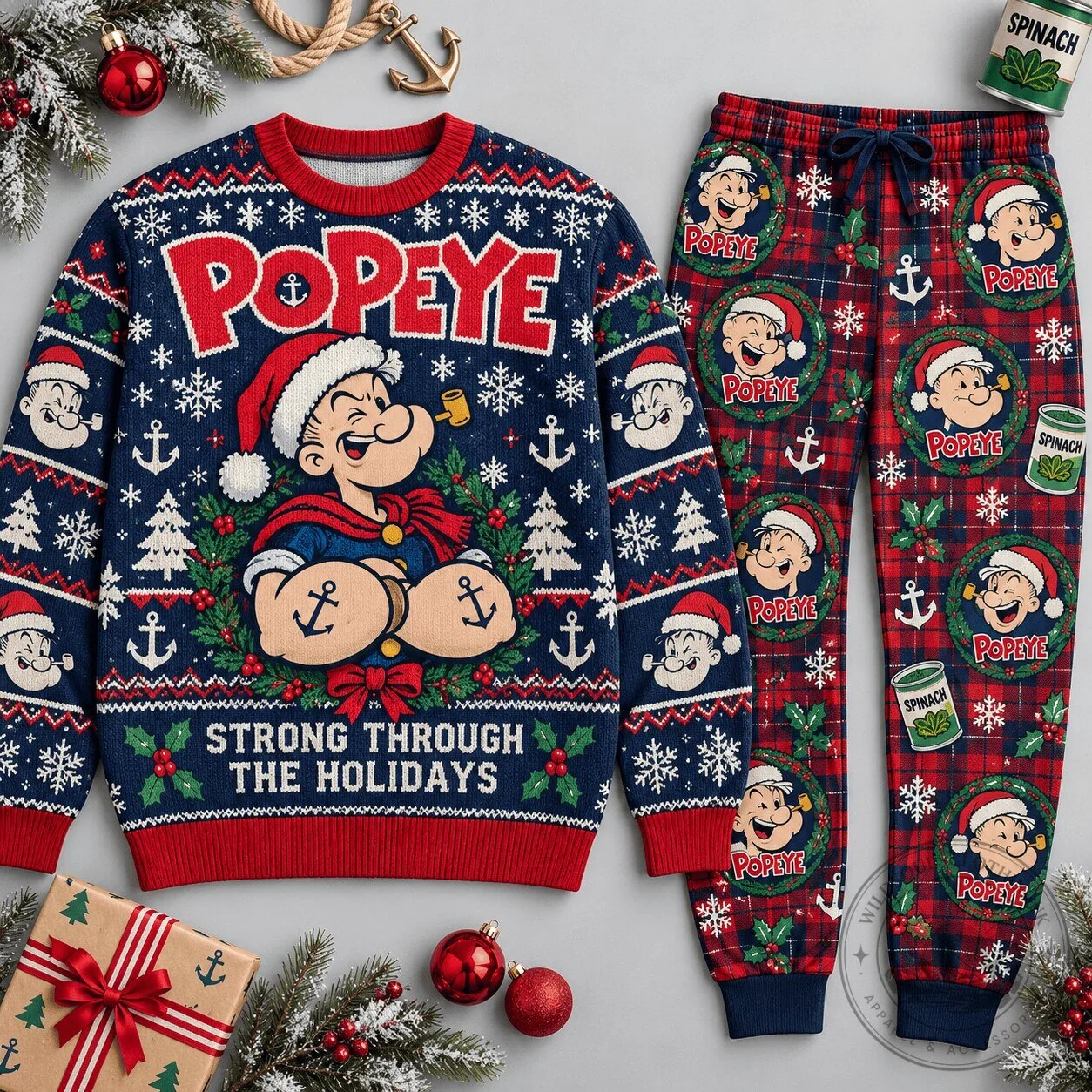 Popeye Strong Through the Holidays Christmas Ugly Sweater and Pajamas Set