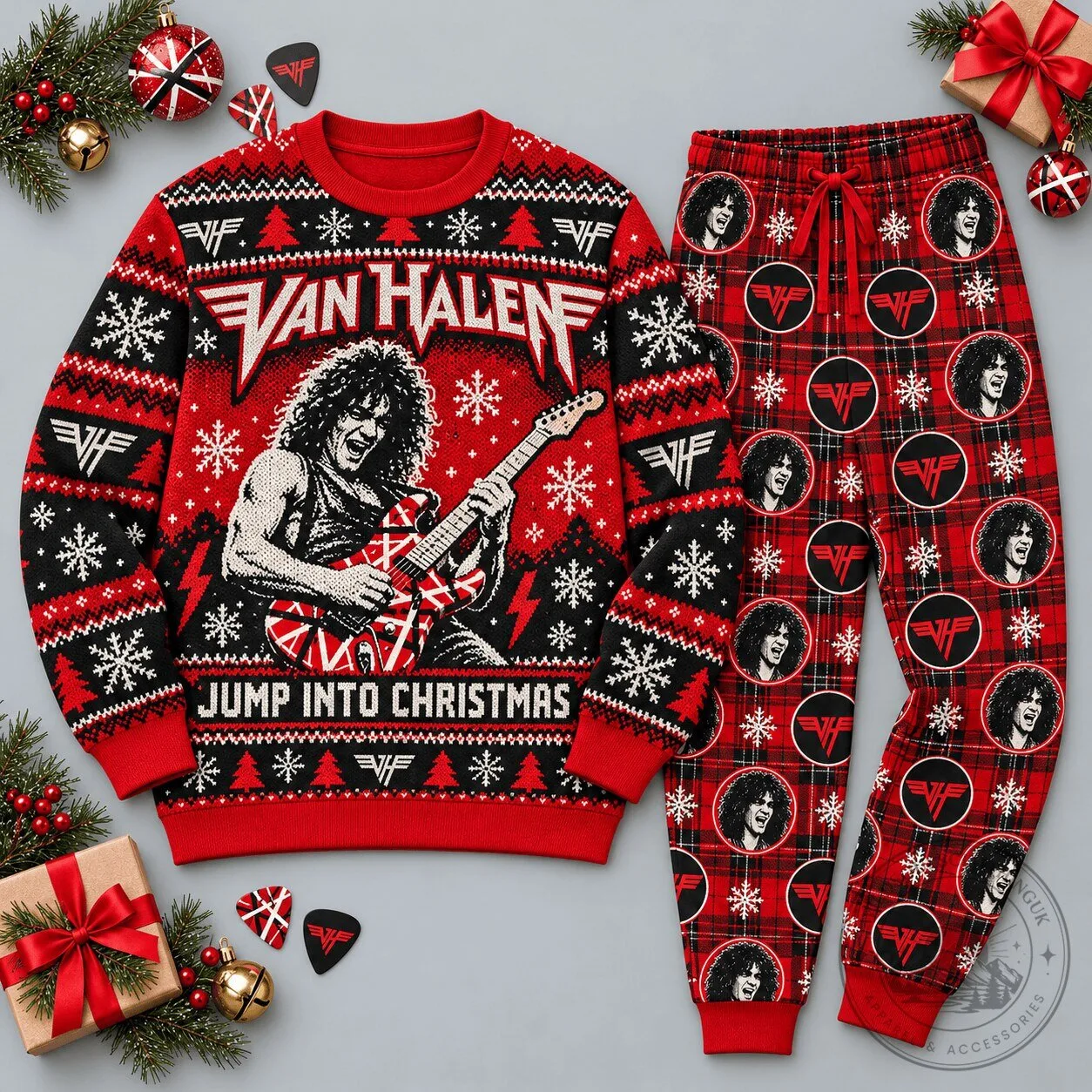 Van Halen Jump Into Christmas Ugly Sweater and Plaid Jogger Pants Set