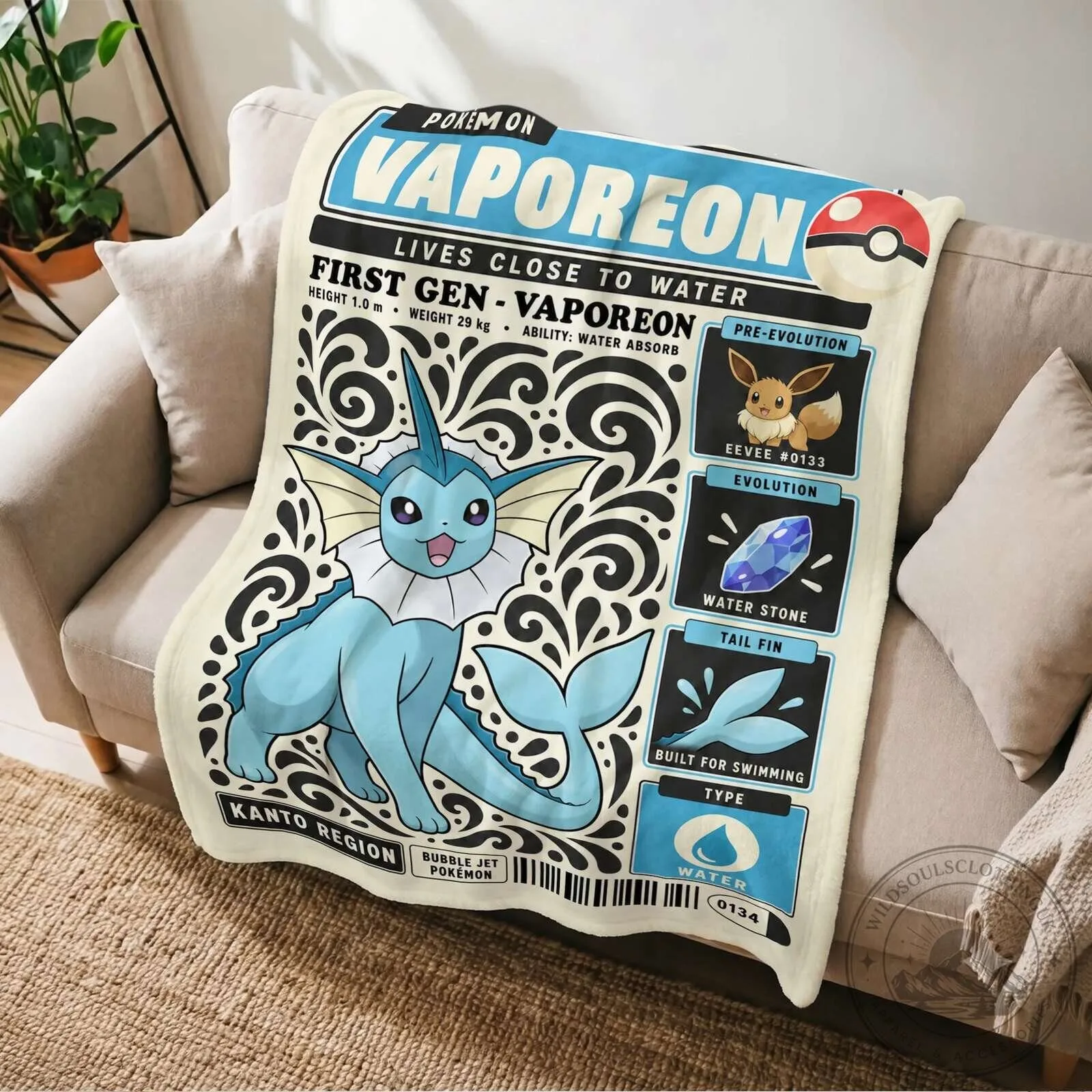 Vaporeon Pokemon First Generation Water Type Evolution Retro Fleece Blanket