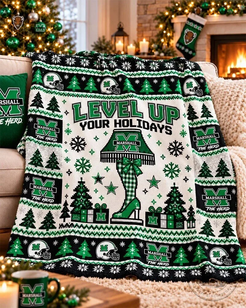 Marshall Thundering Herd Level Up Your Holidays Christmas Sherpa Fleece Blanket