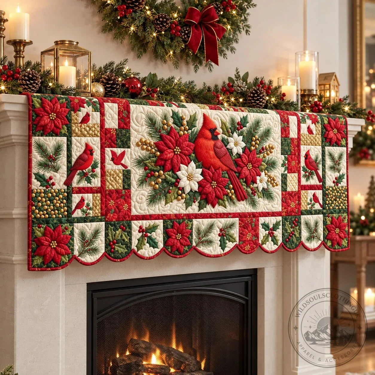 Christmas Cardinal Poinsettia Quilted Mantel Scarf Holiday Home Decor