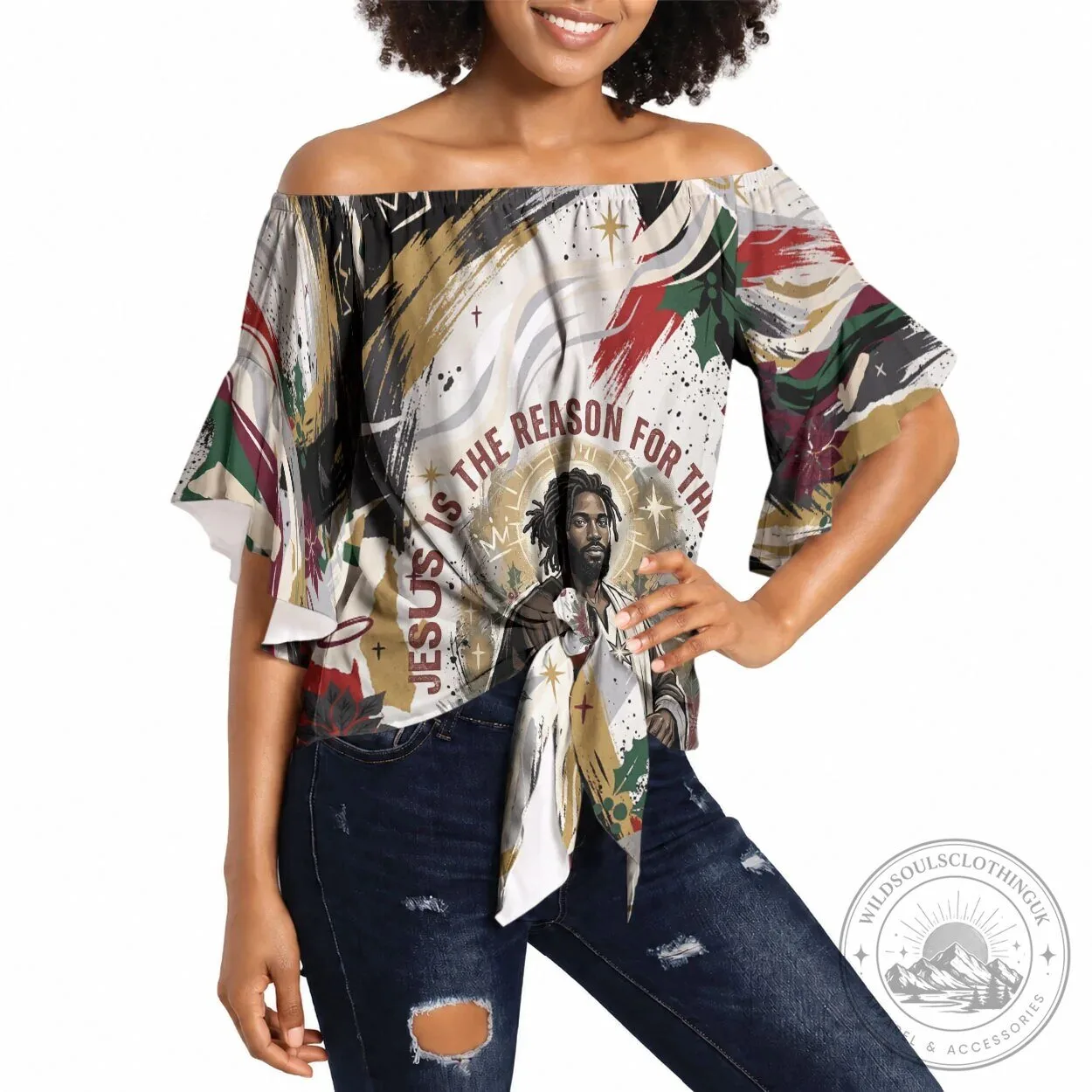 Jesus Is The Reason For The Season Christian Christmas Off Shoulder Top