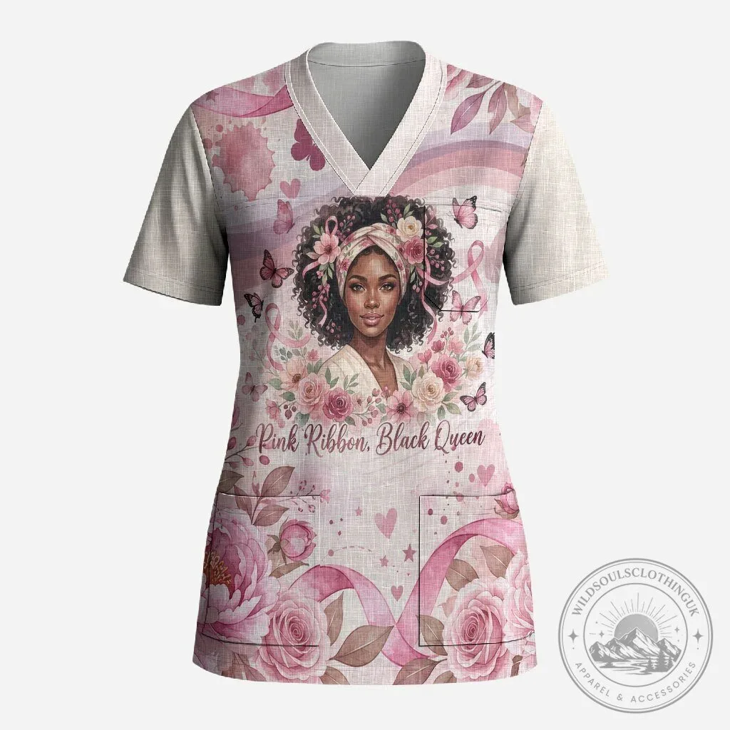 African American Pink Ribbon Black Queen Breast Cancer Awareness Scrub Top 2 African American Pink Ribbon Black Queen Breast Cancer Awareness Scrub Top