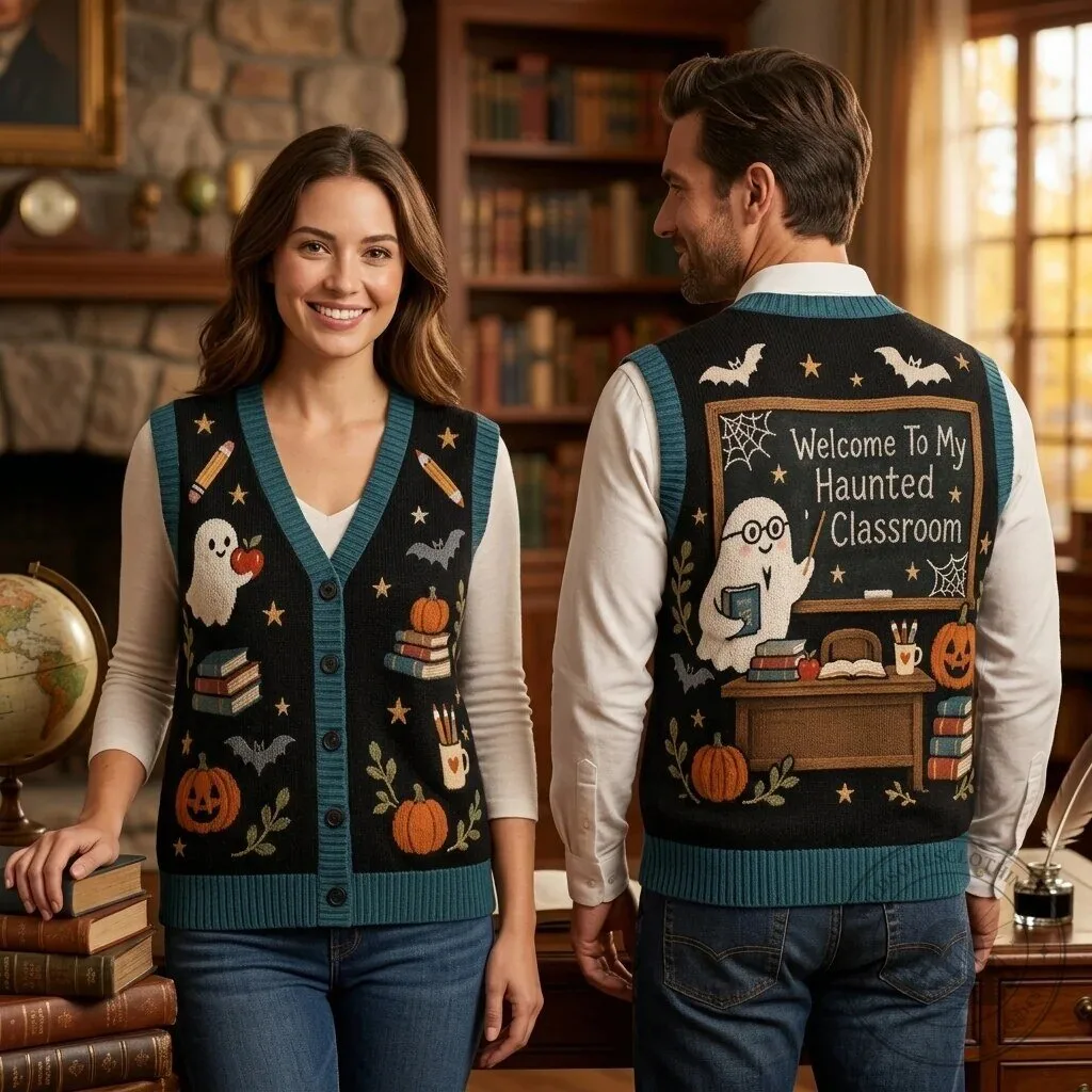 Haunted Classroom Teacher Halloween Knit Cardigan Vest 5 Haunted Classroom Teacher Halloween Knit Cardigan Vest