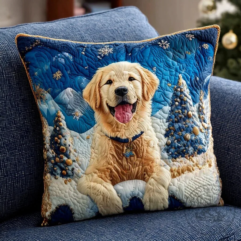 Golden Retriever Puppy Dog Christmas Quilted Pillow