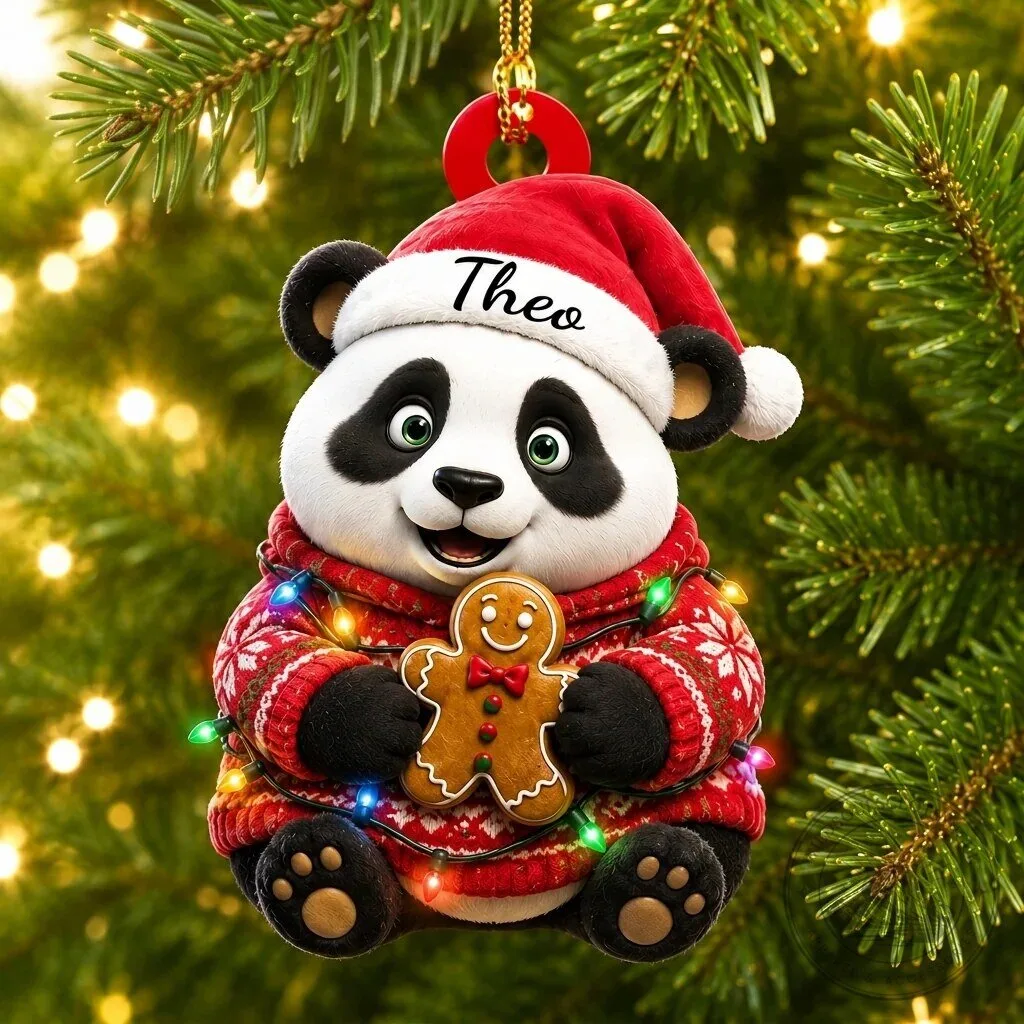 Personalized Christmas Panda with Gingerbread Man and Lights Holiday Ornament 6 Personalized Christmas Panda with Gingerbread Man and Lights Holiday Ornament