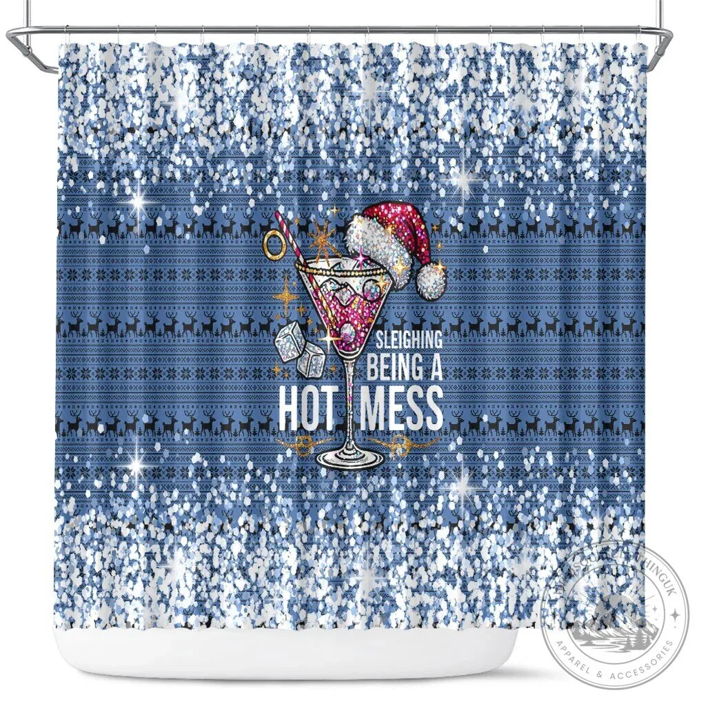 Sleighing Being A Hot Mess Christmas Martini Glass Shower Curtain