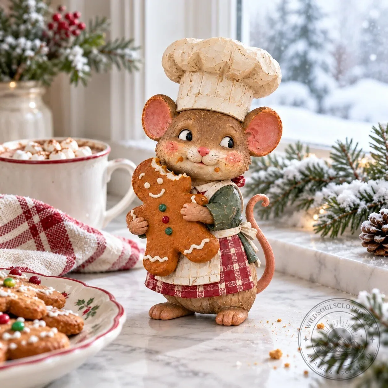 Christmas Mouse Chef Holding Gingerbread Man Cookie Figurine