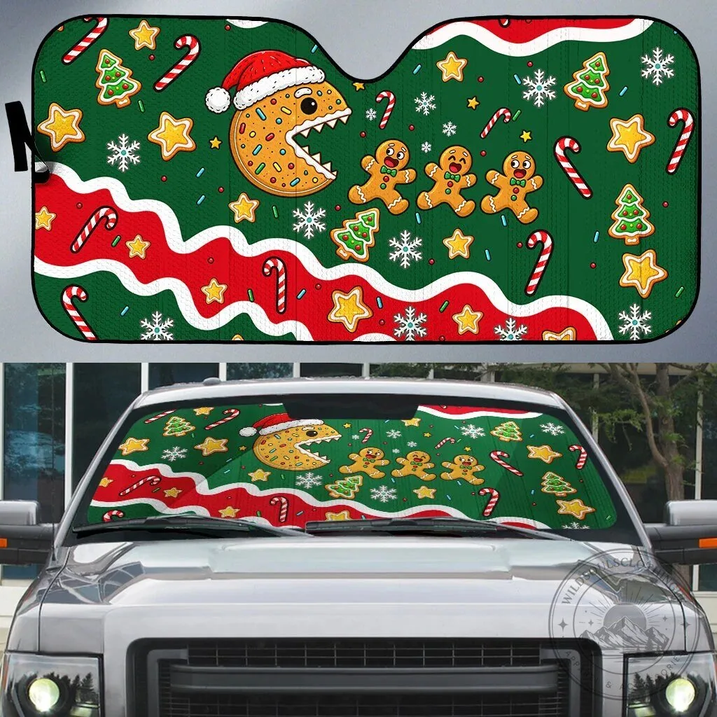 Christmas Gingerbread Man Pac-Man Car Sunshade for Holiday Vehicle Decor