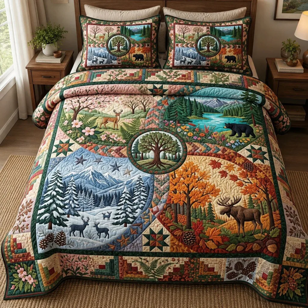 Four Seasons Forest Wildlife Patchwork Quilted Bedding Set Four Seasons Forest Wildlife Patchwork Quilted Bedding Set