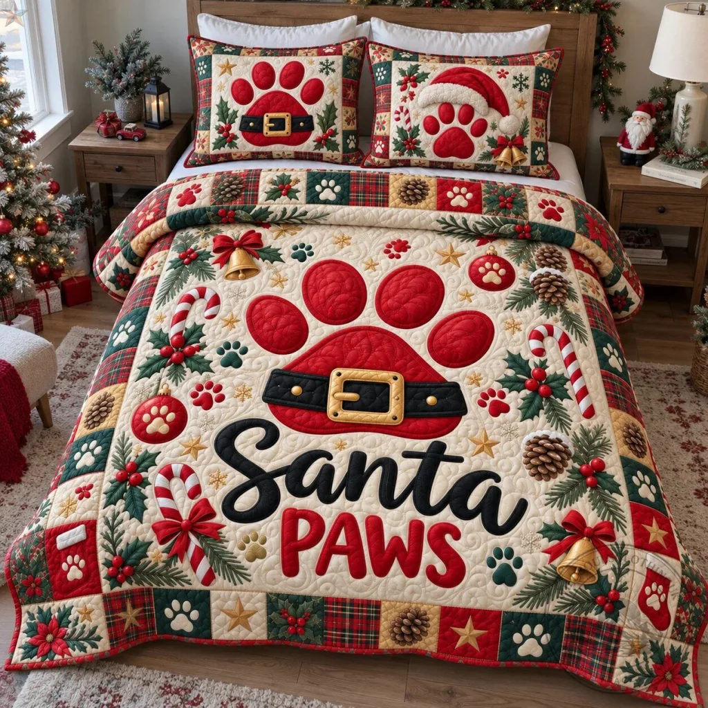 Holiday Quilted Bedding Set with Santa Paws Dog Paw Print Holiday Quilted Bedding Set with Santa Paws Dog Paw Print