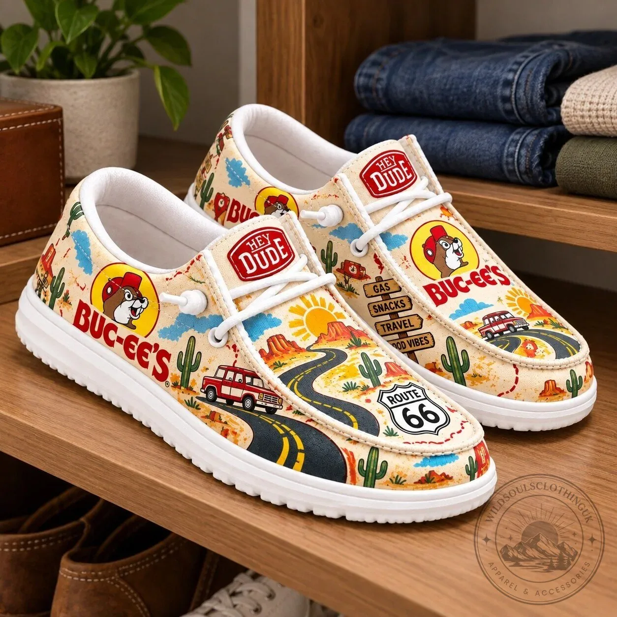 Buc-ee's Hey Dude Style Loafer Shoes with Route 66 Desert Landscape Print 9 Buc-ee