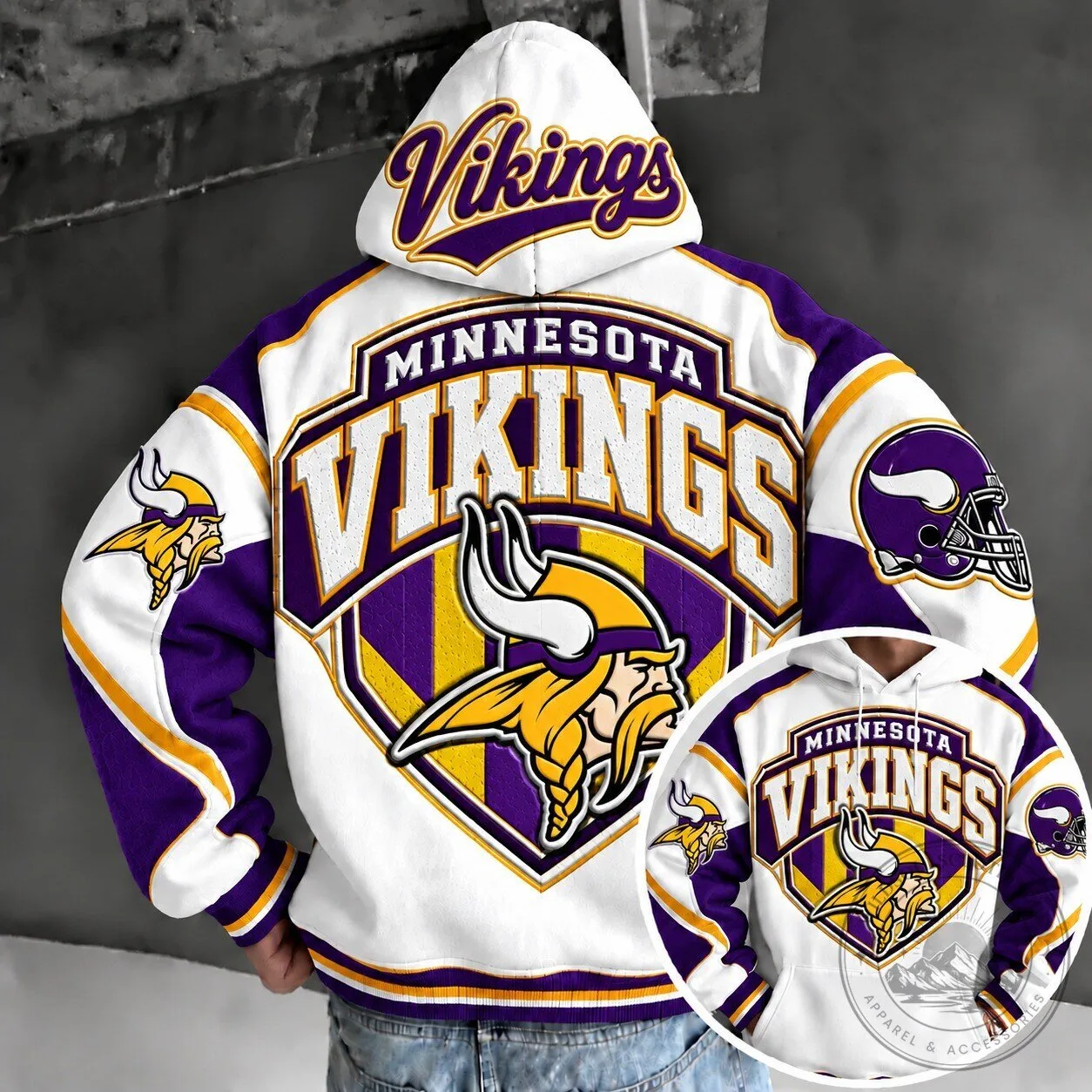 White and Purple Hoodie featuring the Minnesota Vikings NFL Team Logo