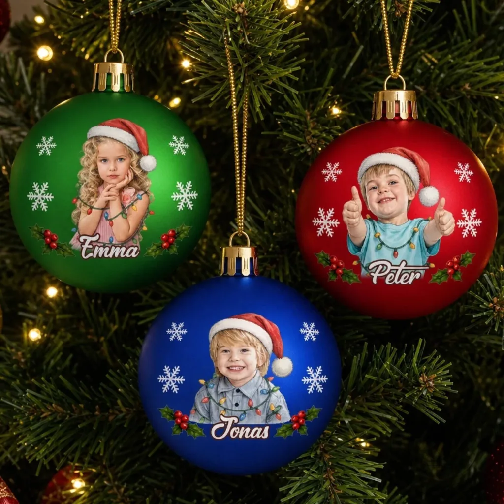 Personalized Kids Photo Christmas Ornament with Custom Name and Santa Hat Design Personalized Kids Photo Christmas Ornament with Custom Name and Santa Hat Design