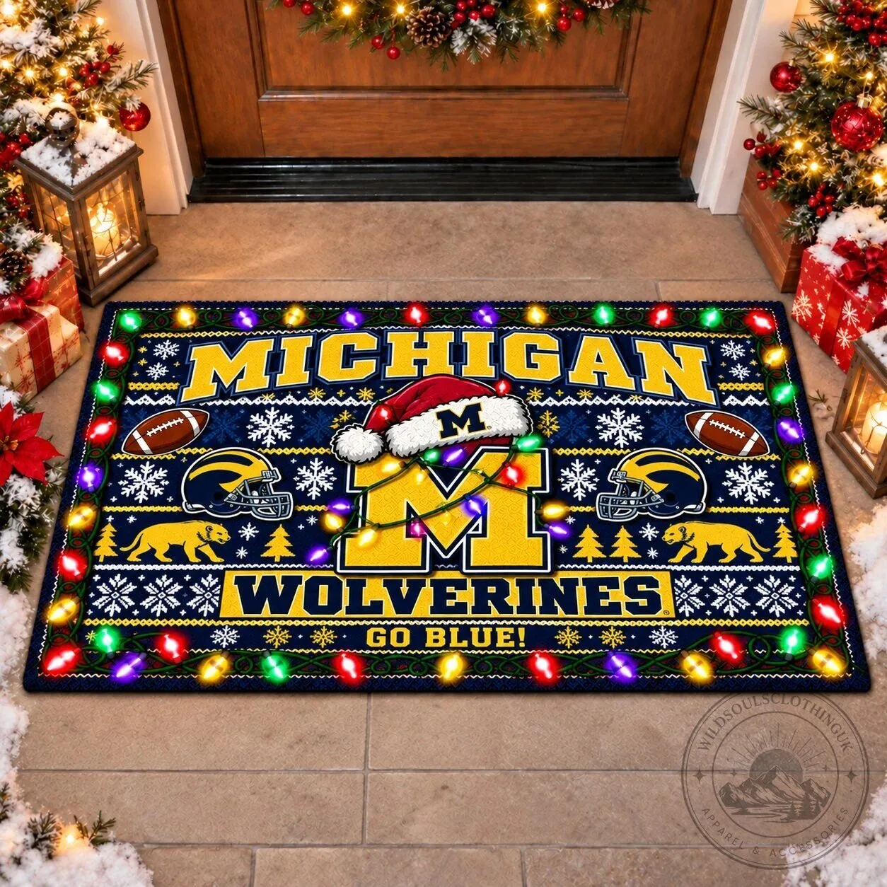 Michigan Wolverines Christmas Holiday Doormat Rug with Festive Lights Design 2 Michigan Wolverines Christmas Holiday Doormat Rug with Festive Lights Design