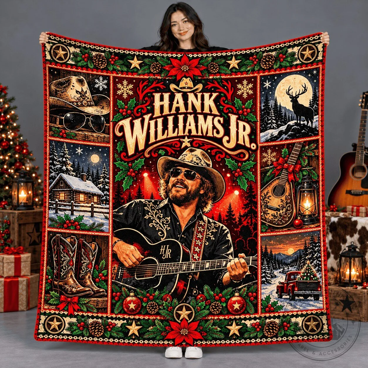 Hank Williams Junior Christmas Holiday Collage Fleece Blanket