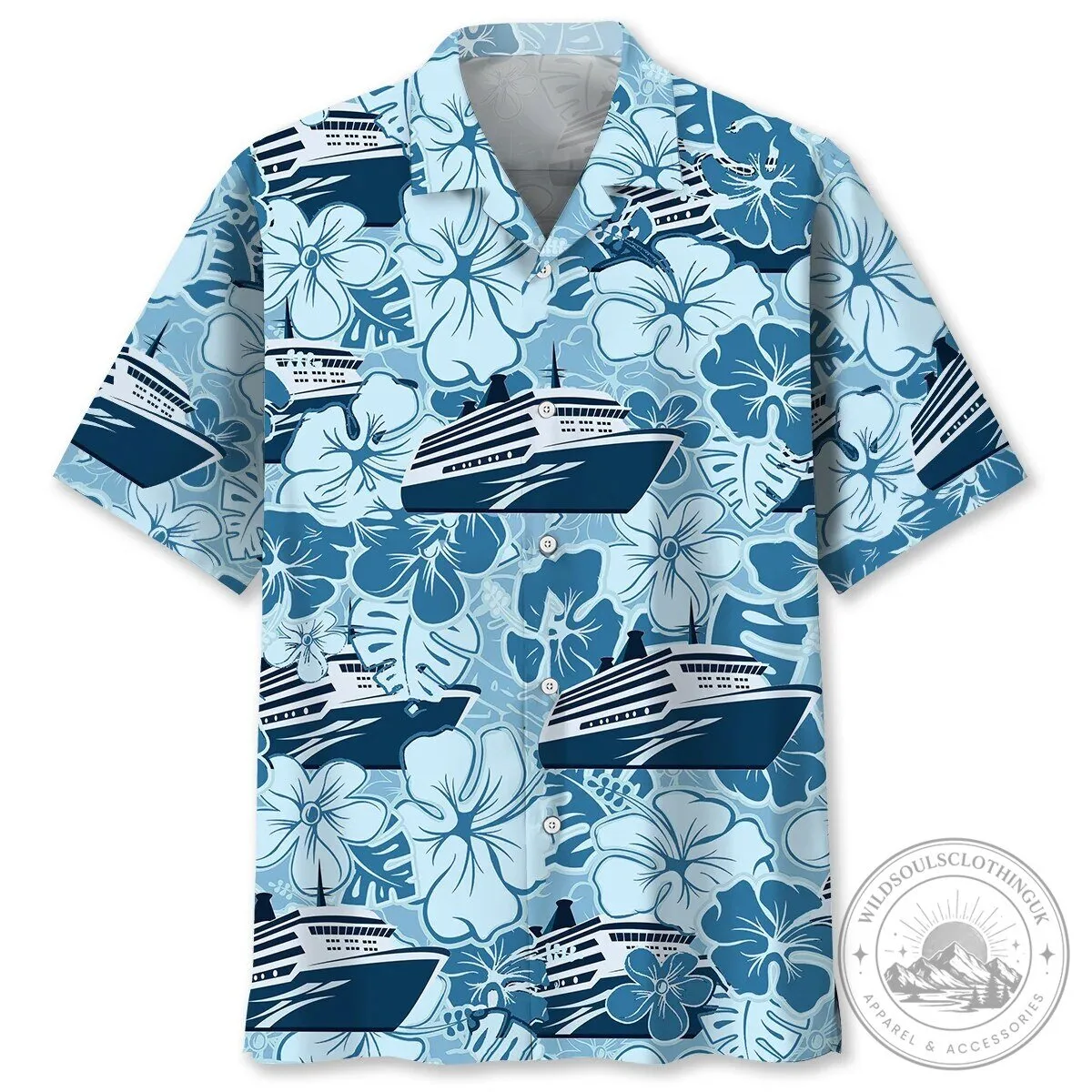 Unisex Hawaiian Shirt with Blue Hibiscus Pattern Featuring Cruise Ship Design 9 Unisex Hawaiian Shirt with Blue Hibiscus Pattern Featuring Cruise Ship Design