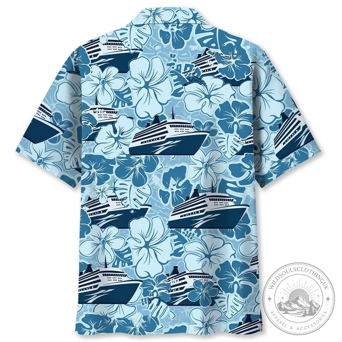 Unisex Hawaiian Shirt with Blue Hibiscus Pattern Featuring Cruise Ship Design 10 Unisex Hawaiian Shirt with Blue Hibiscus Pattern Featuring Cruise Ship Design
