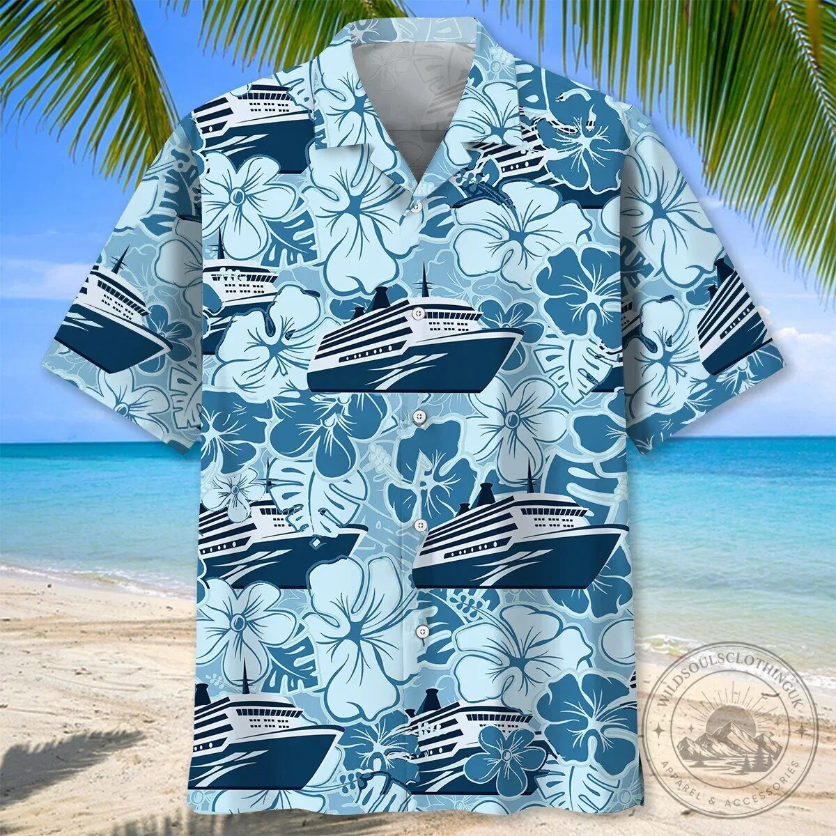 Unisex Hawaiian Shirt with Blue Hibiscus Pattern Featuring Cruise Ship Design 11 Unisex Hawaiian Shirt with Blue Hibiscus Pattern Featuring Cruise Ship Design