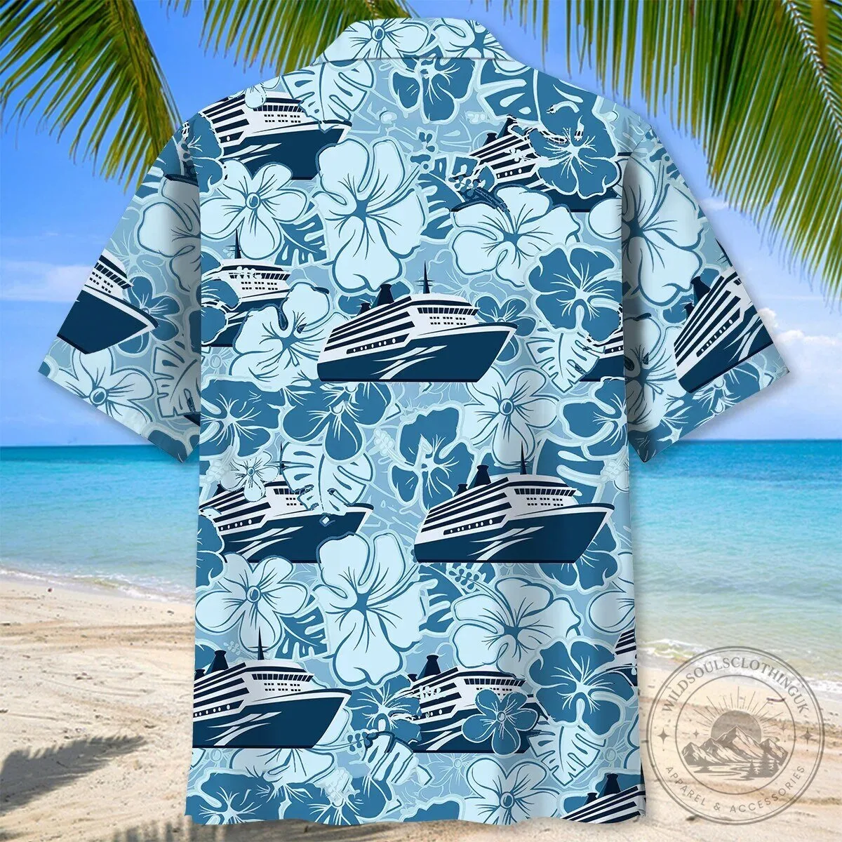 Unisex Hawaiian Shirt with Blue Hibiscus Pattern Featuring Cruise Ship Design 12 Unisex Hawaiian Shirt with Blue Hibiscus Pattern Featuring Cruise Ship Design