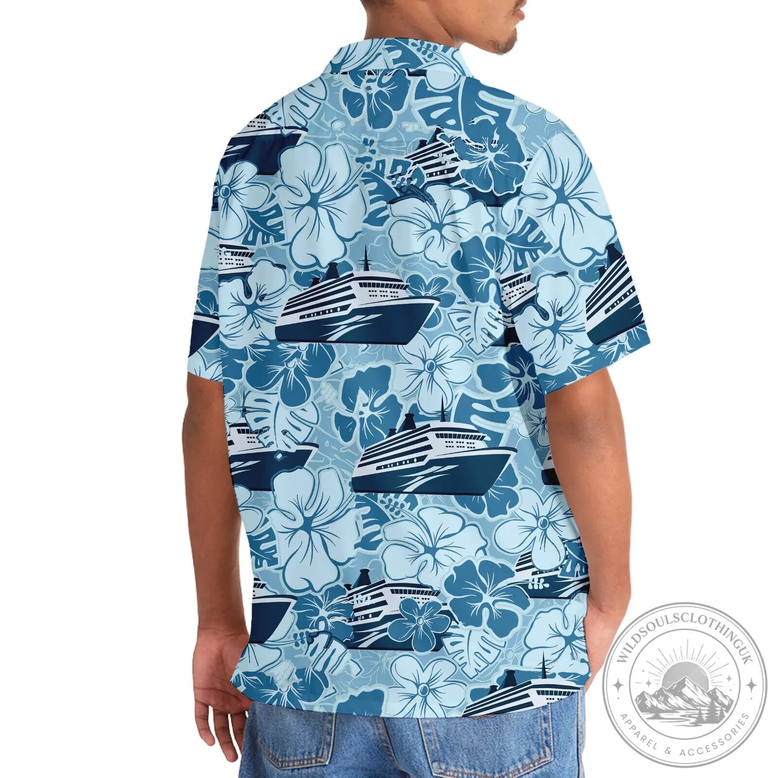 Unisex Hawaiian Shirt with Blue Hibiscus Pattern Featuring Cruise Ship Design 13 Unisex Hawaiian Shirt with Blue Hibiscus Pattern Featuring Cruise Ship Design