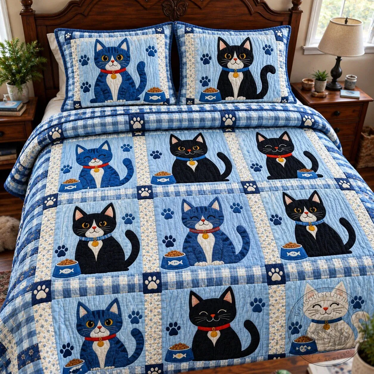 Cute Cat Blue Plaid Patchwork Quilted Bedding Set with Pillow Shams 5 Cute Cat Blue Plaid Patchwork Quilted Bedding Set with Pillow Shams