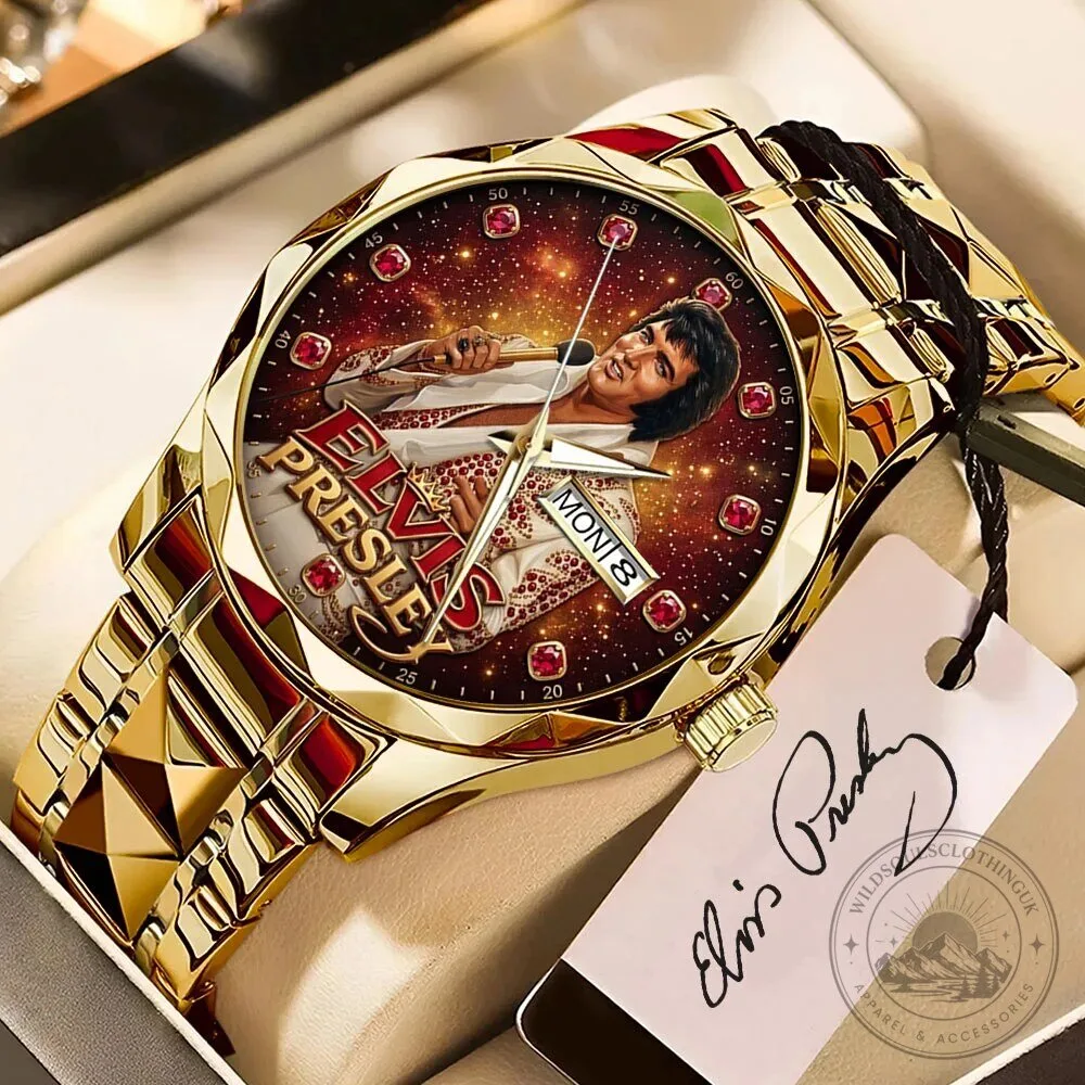 Elvis Presley Gold Tone Luxury Quartz Watch with Rhinestones and Date Display 1 Elvis Presley Gold Tone Luxury Quartz Watch with Rhinestones and Date Display