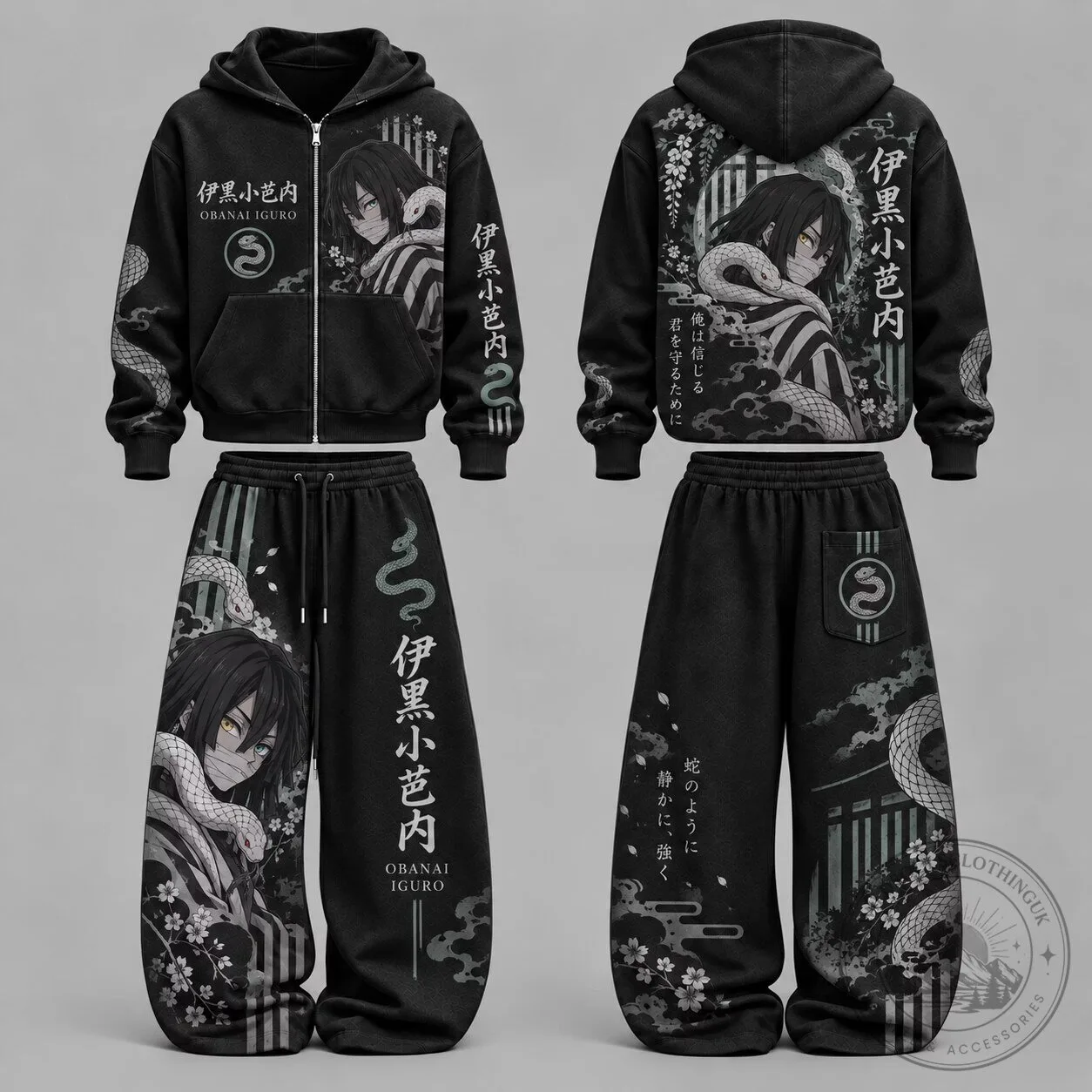 Demon Slayer Obanai Iguro Anime Character Art Black Zip-Up Hoodie
