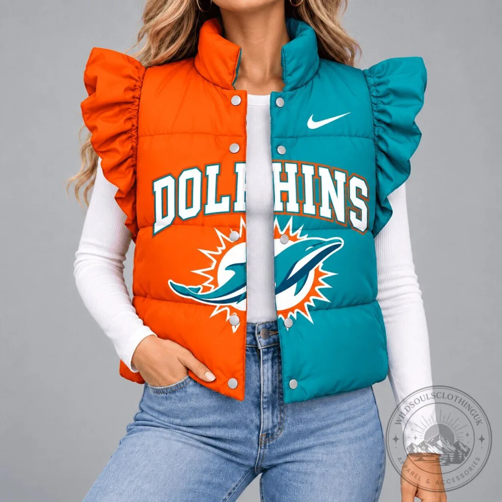 Miami Dolphins NFL Split Color Quilted Puffer Vest with Ruffle Sleeves Miami Dolphins NFL Split Color Quilted Puffer Vest with Ruffle Sleeves
