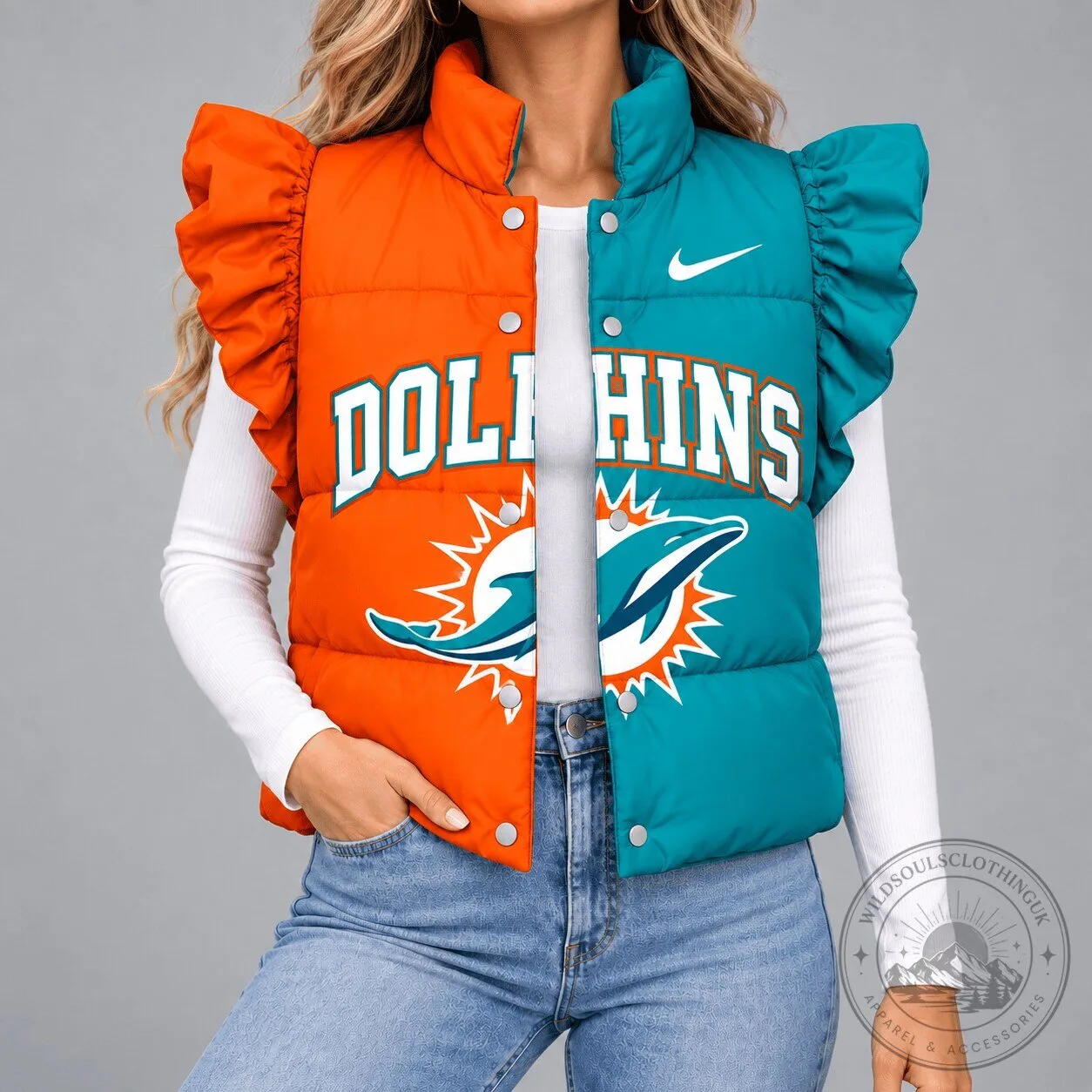 Miami Dolphins NFL Split Color Quilted Puffer Vest with Ruffle Sleeves 1 Miami Dolphins NFL Split Color Quilted Puffer Vest with Ruffle Sleeves