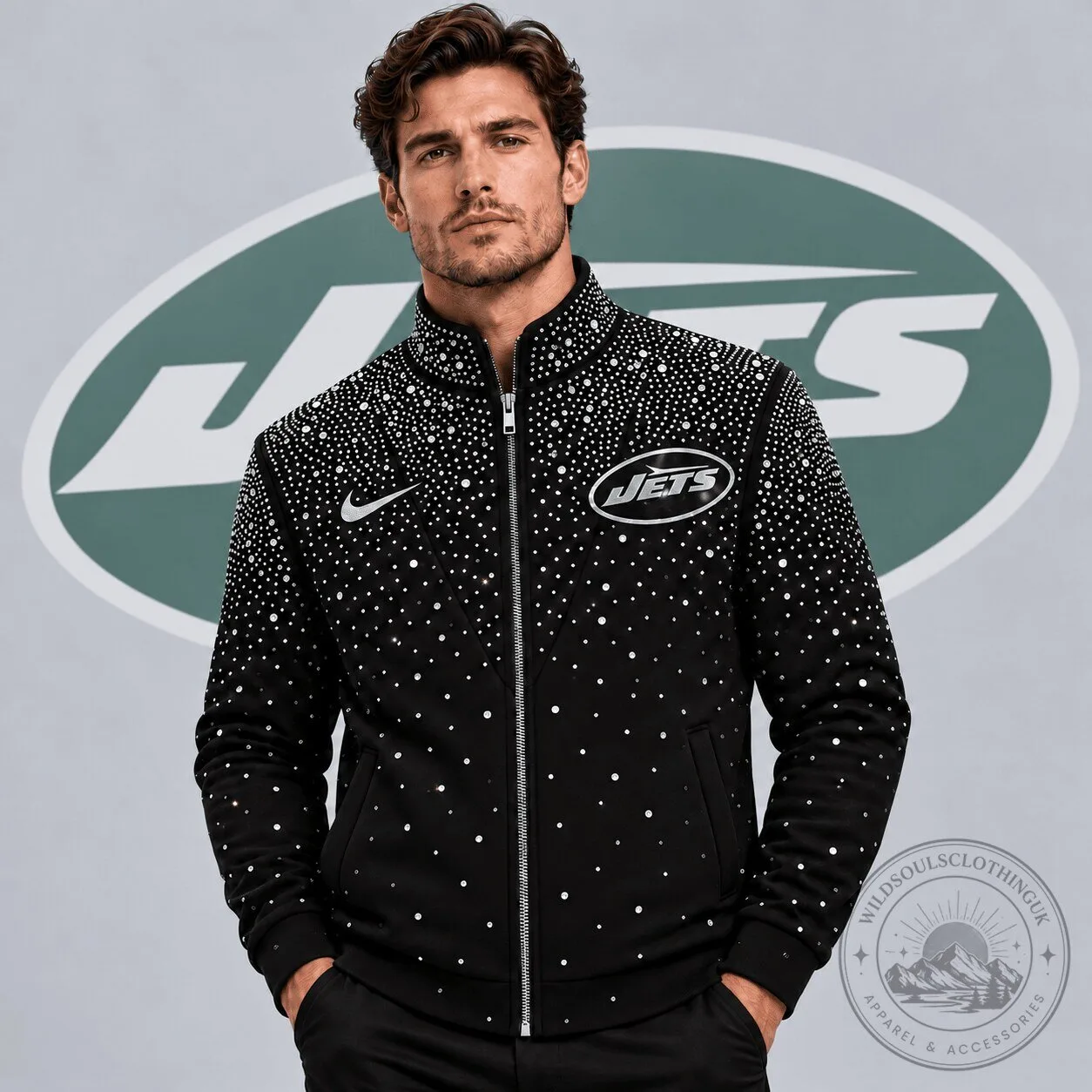 New York Jets Sparkling Rhinestone Effect Full Zip Stand Collar Jacket 2 New York Jets Sparkling Rhinestone Effect Full Zip Stand Collar Jacket