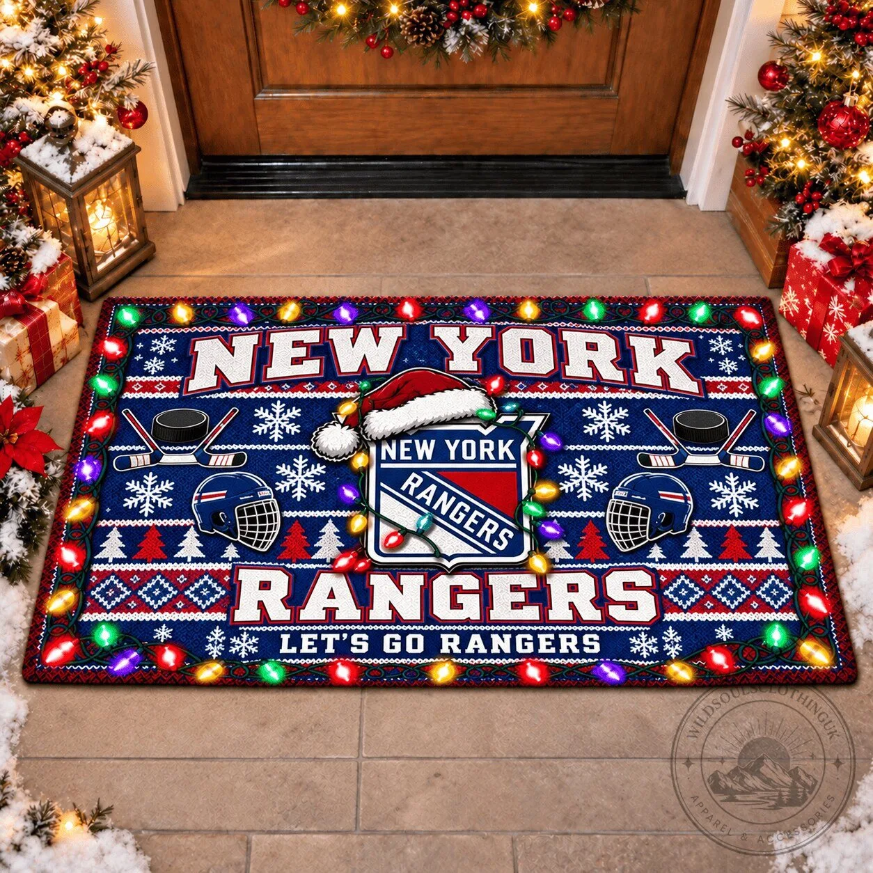 New York Rangers Christmas Holiday Ugly Sweater Style Doormat 1 New York Rangers Christmas Holiday Ugly Sweater Style Doormat