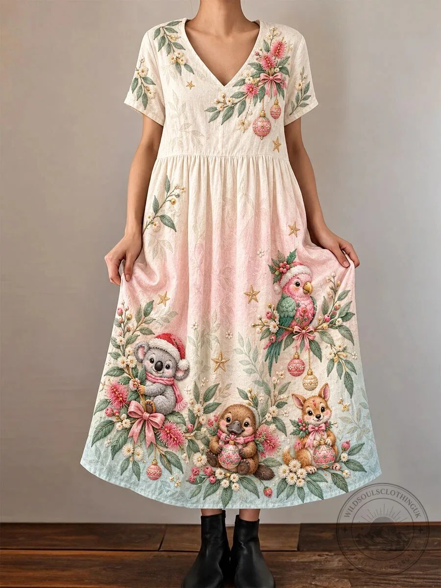 Australian Christmas Koala Parrot Wombat Dingo Floral Women's V-Neck Maxi Dress 3 Australian Christmas Koala Parrot Wombat Dingo Floral Women