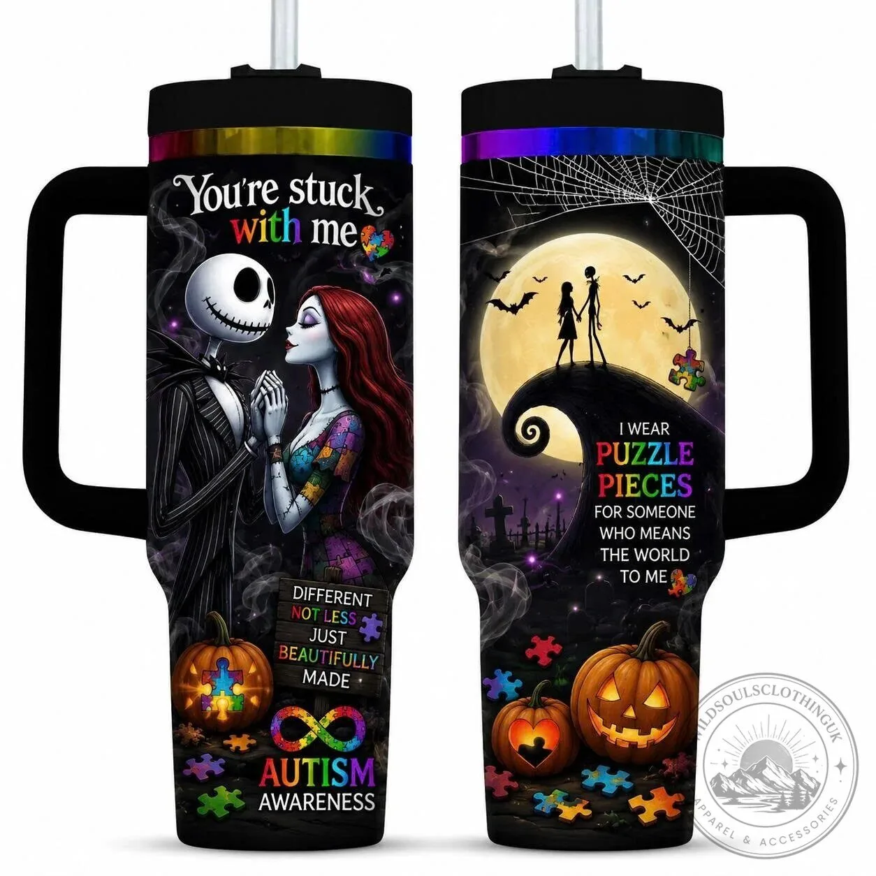 Nightmare Before Christmas Jack and Sally Autism Awareness Tumbler with Handle